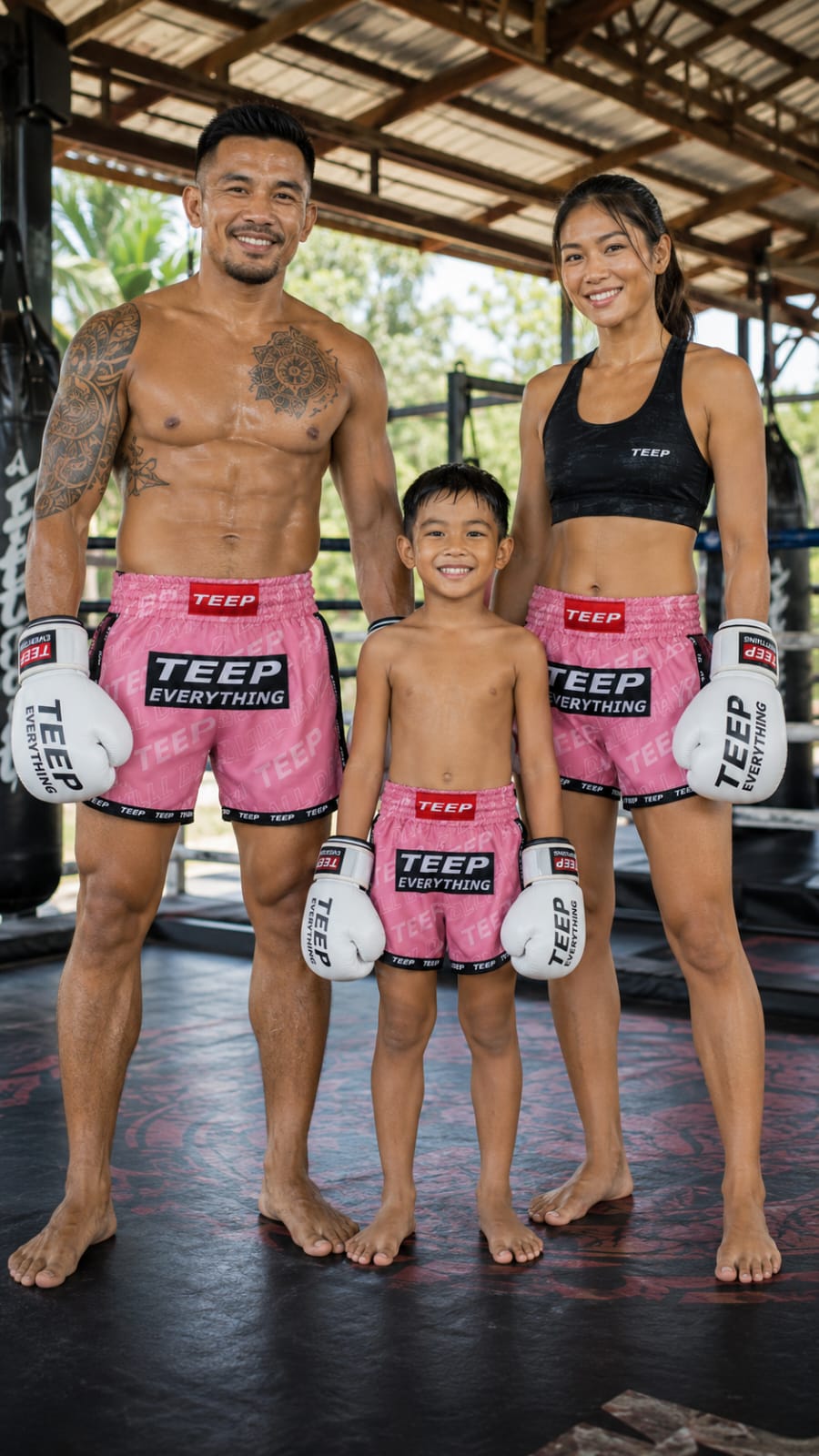 TEEP pink matching adult and kids Muay Thai shorts handmade in Thailand