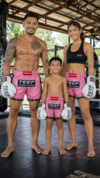 TEEP pink matching adult and kids Muay Thai shorts handmade in Thailand